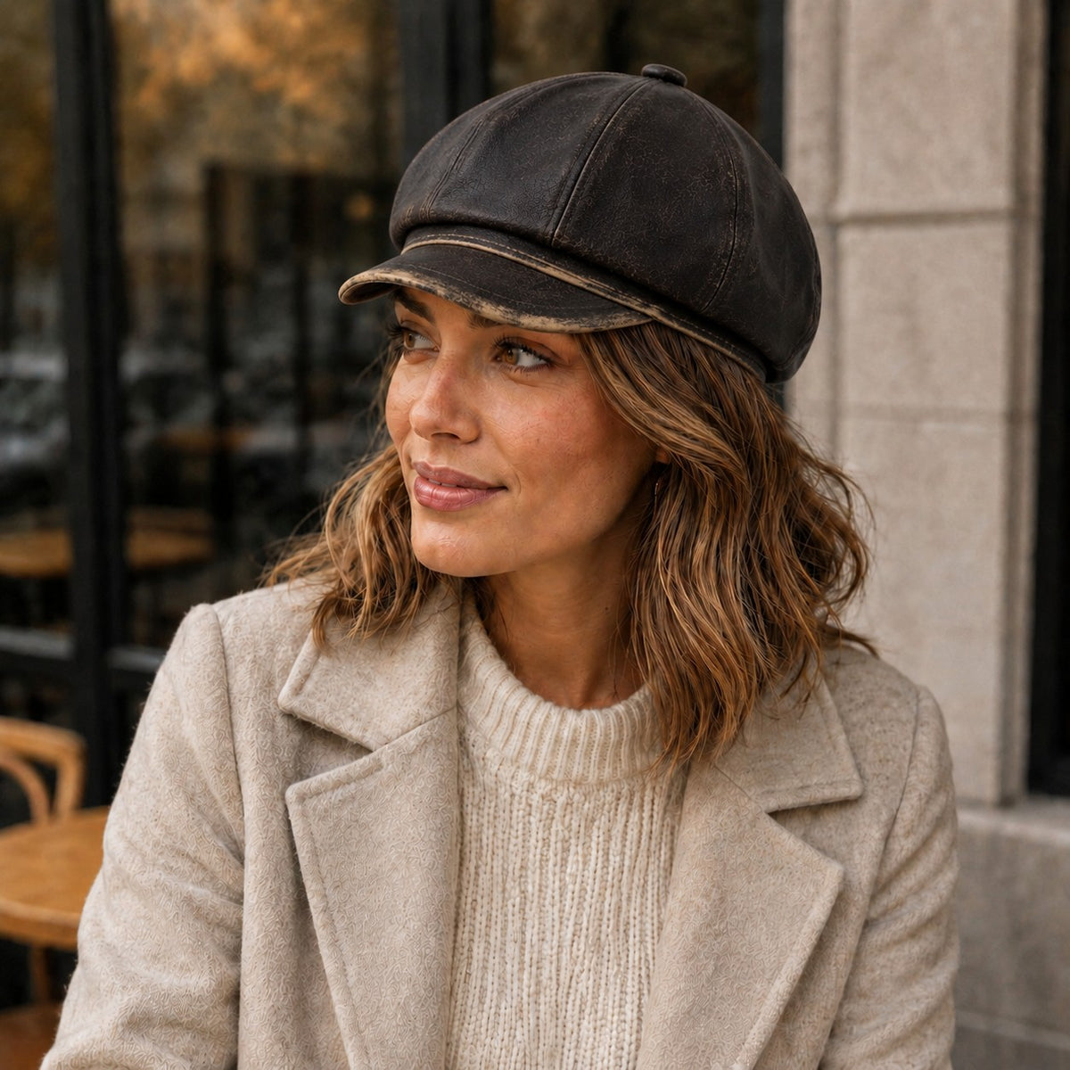 Gorra Newsboy de piel sintética con ocho paneles estilo vintage efecto desgastado