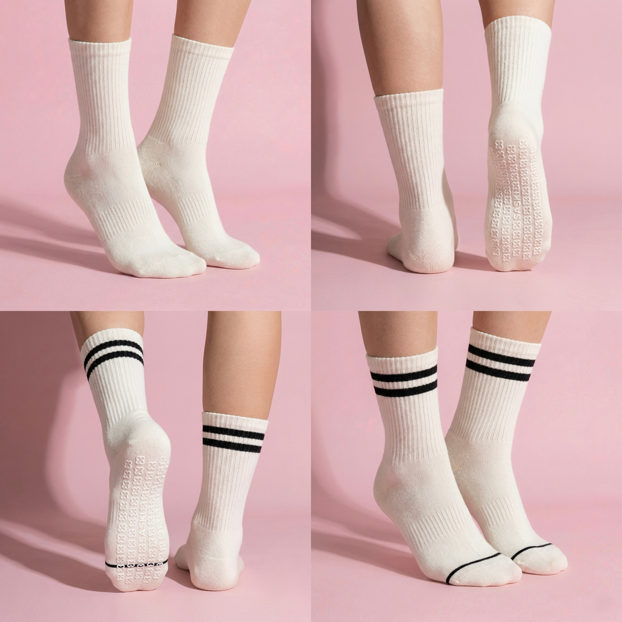 Anna-Kaci Women's 2-Pair Set Crew Athletic Socks with Striped Cuffs and Full Sole Grip for Yoga Fitness