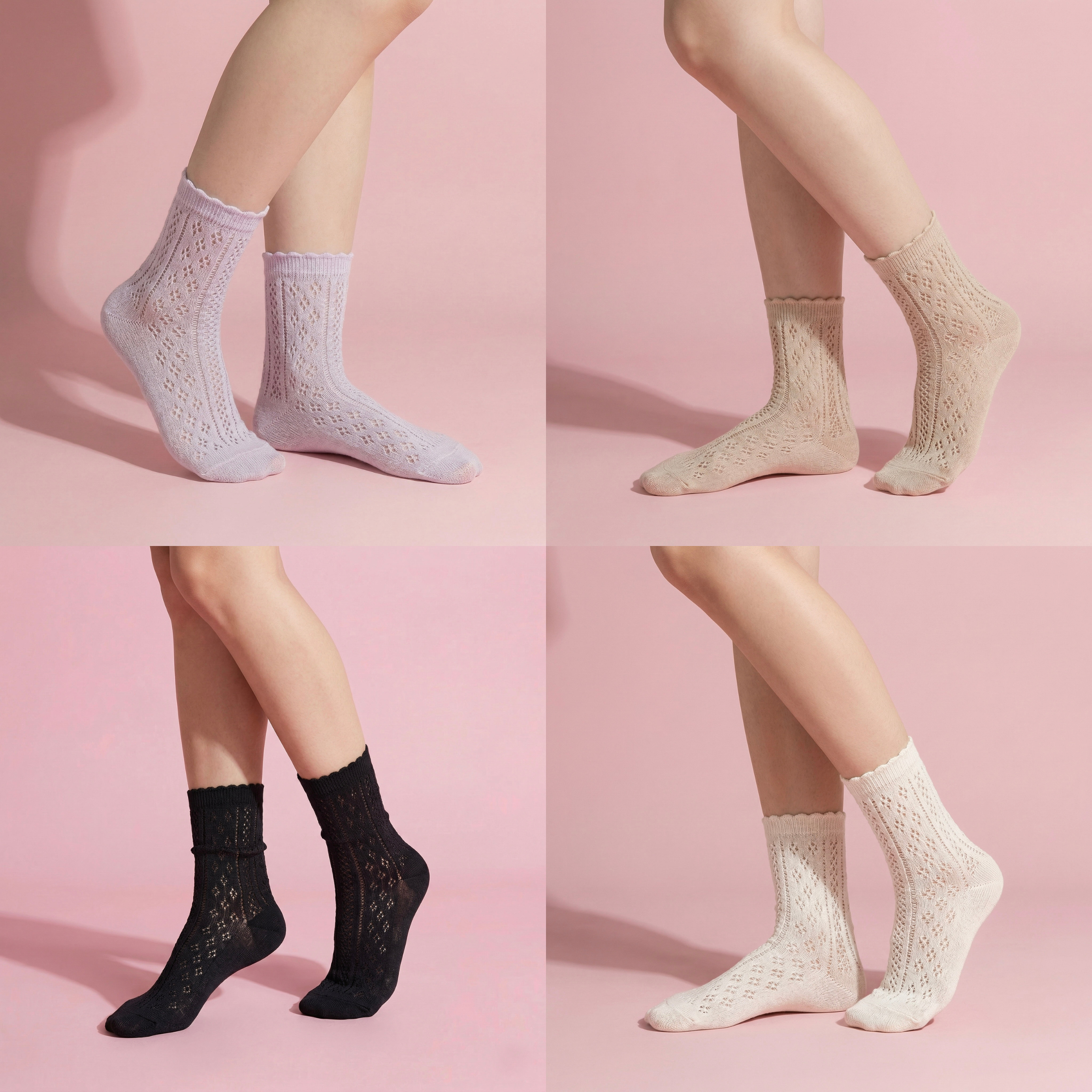 Anna-Kaci 4 Pairs Women's Lace Knit Crew Socks Lightweight Breathable Mesh Style with Elastic Cuff in Assorted Patterns