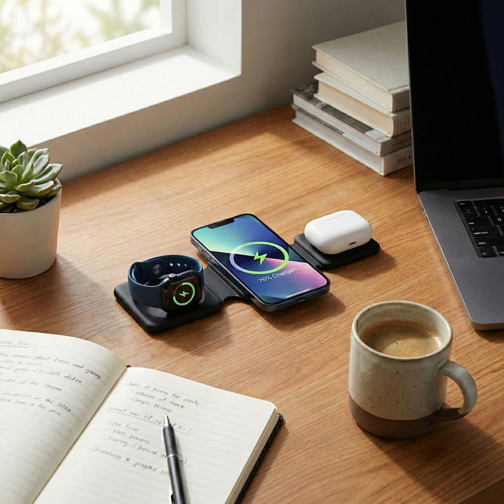 Anna-Kaci Foldable 3-in-1 Wireless Charging Station Compatible with Qi Enabled Devices
