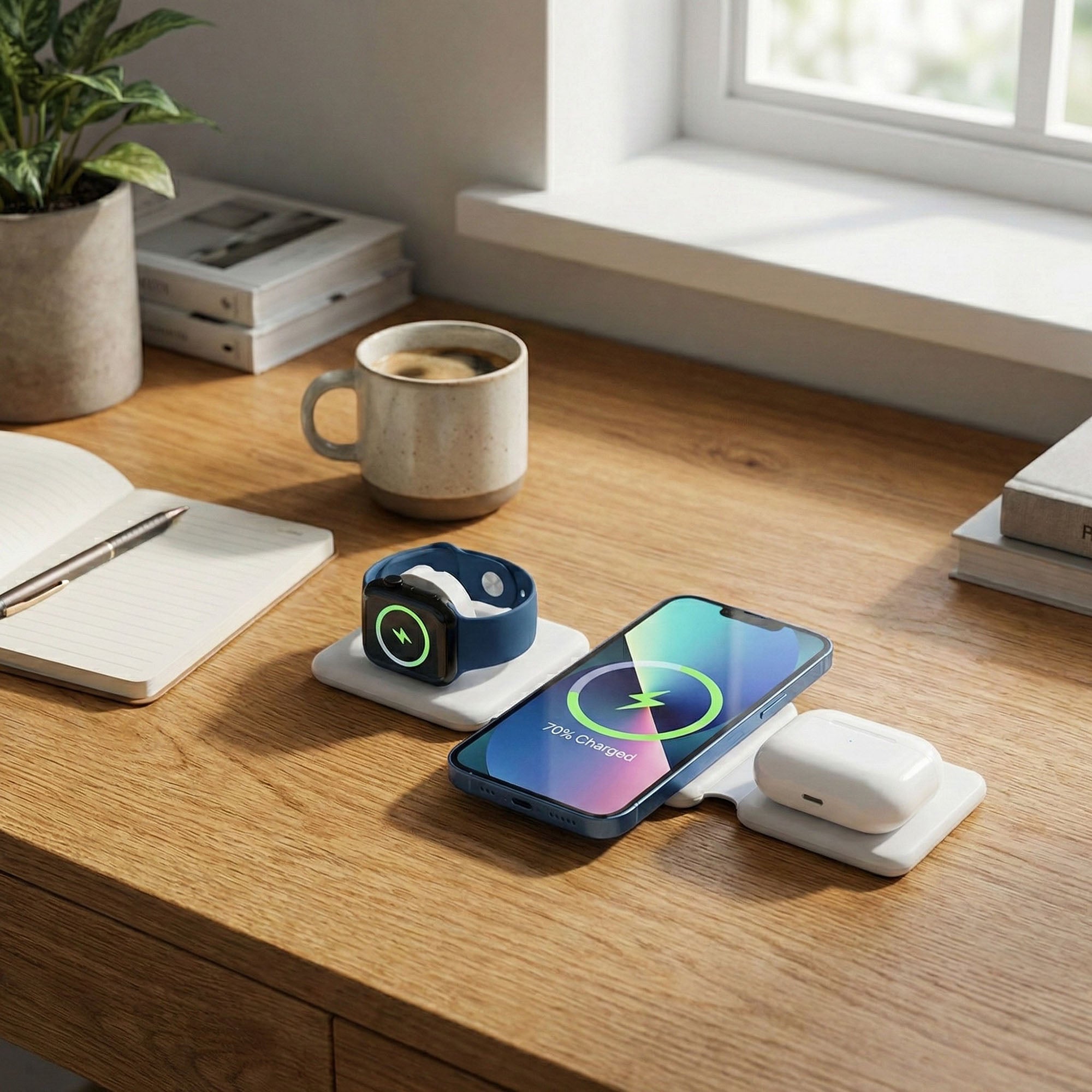 Anna-Kaci Foldable 3-in-1 Wireless Charging Station Compatible with Qi Enabled Devices