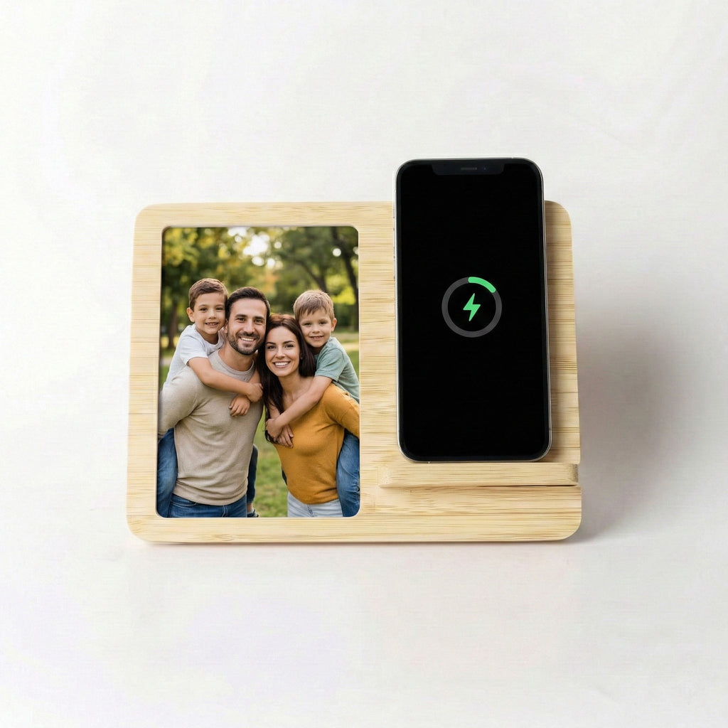Anna-Kaci Bamboo Photo Frame with Wireless Charging Pad Compatible with Qi Enabled Devices