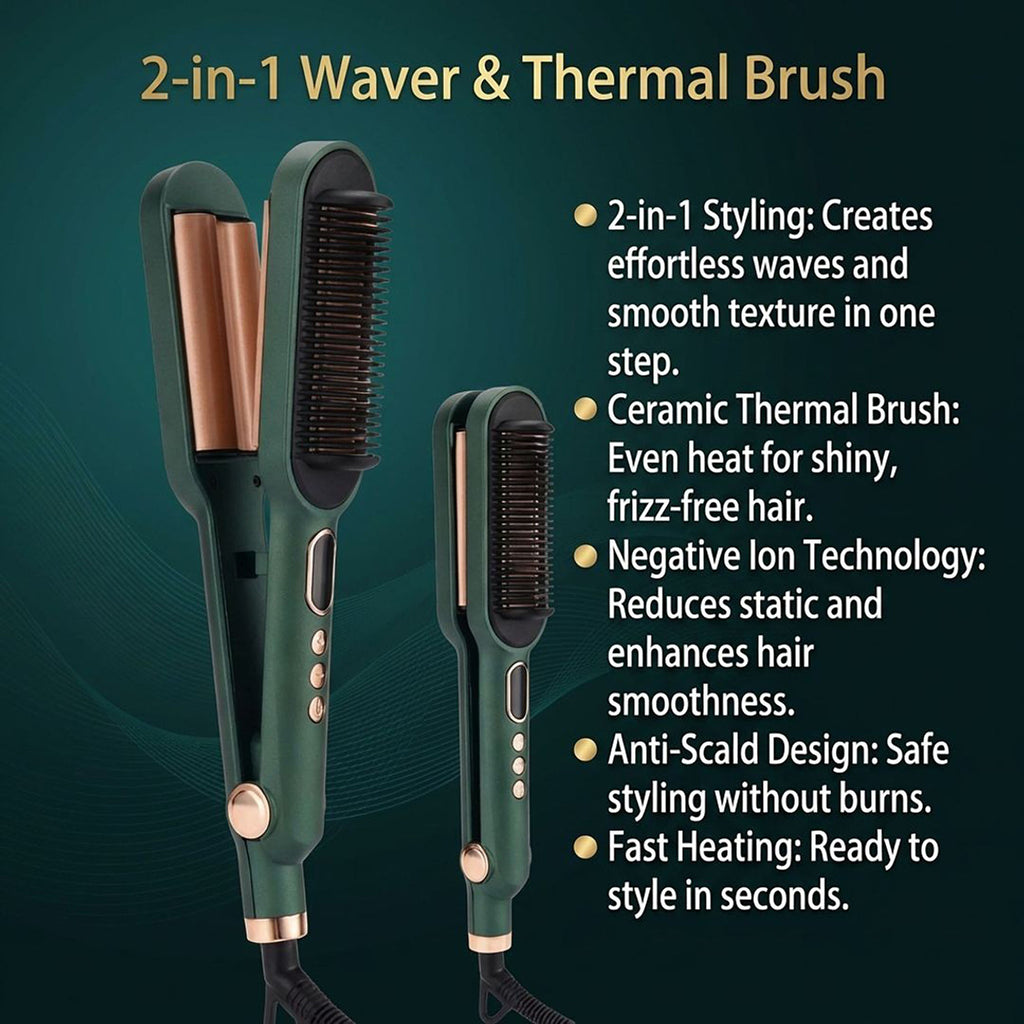 Anna-Kaci 2-in-1 Hair Straightener and Curling Brush with Adjustable Heat and Ceramic Plates