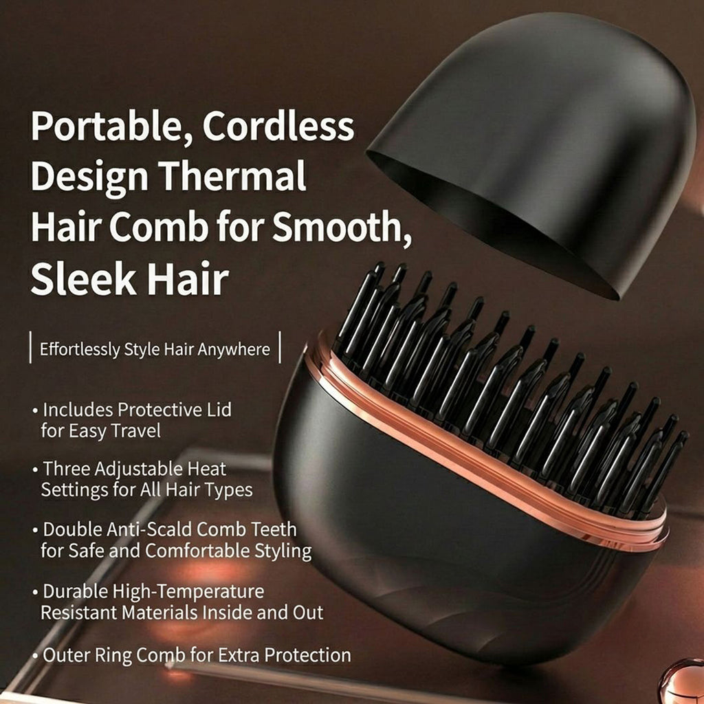 Anna-Kaci Cordless Thermal Hair Comb with Adjustable Heat Settings and Protective Travel Lid