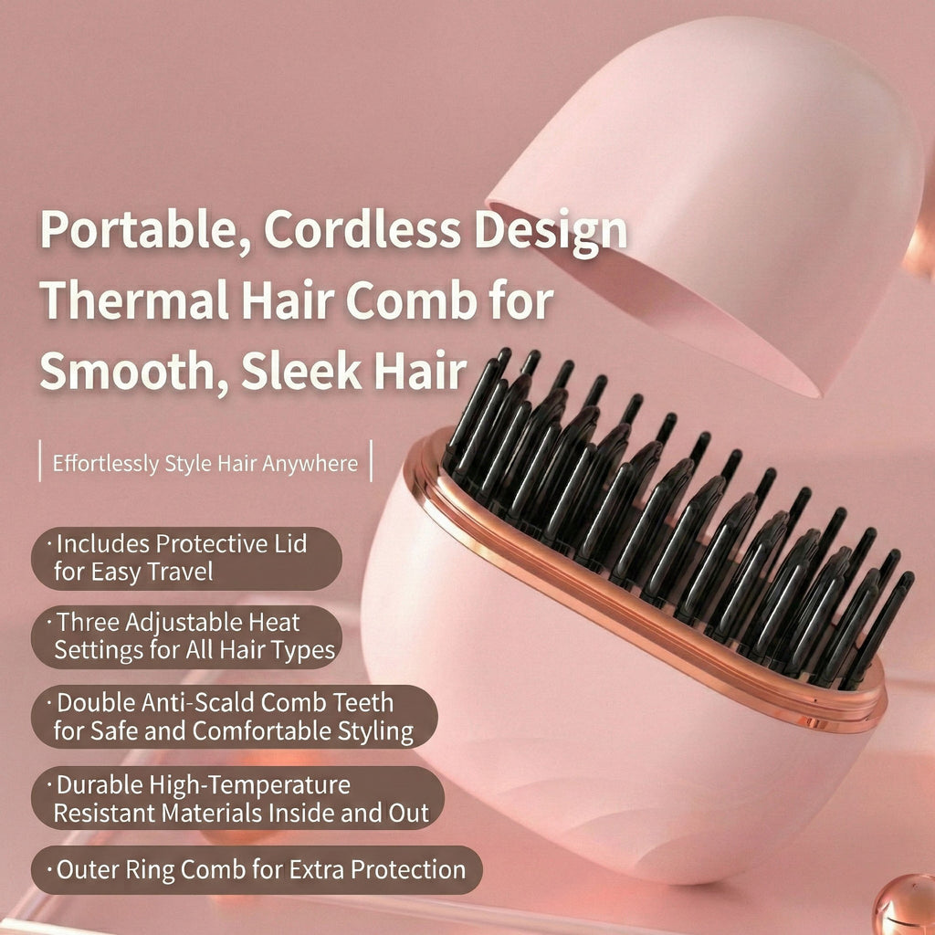 Anna-Kaci Cordless Thermal Hair Comb with Adjustable Heat Settings and Protective Travel Lid