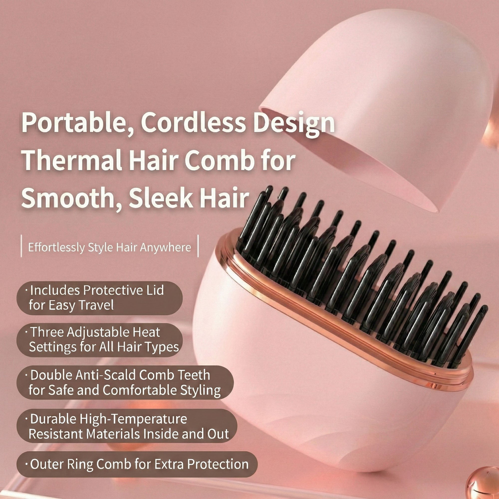 Anna-Kaci Cordless Thermal Hair Comb with Adjustable Heat Settings and Protective Travel Lid