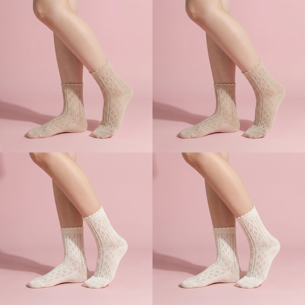 Anna-Kaci 4 Pairs Women's Lace Knit Crew Socks Lightweight Breathable Mesh Style with Elastic Cuff in Assorted Patterns