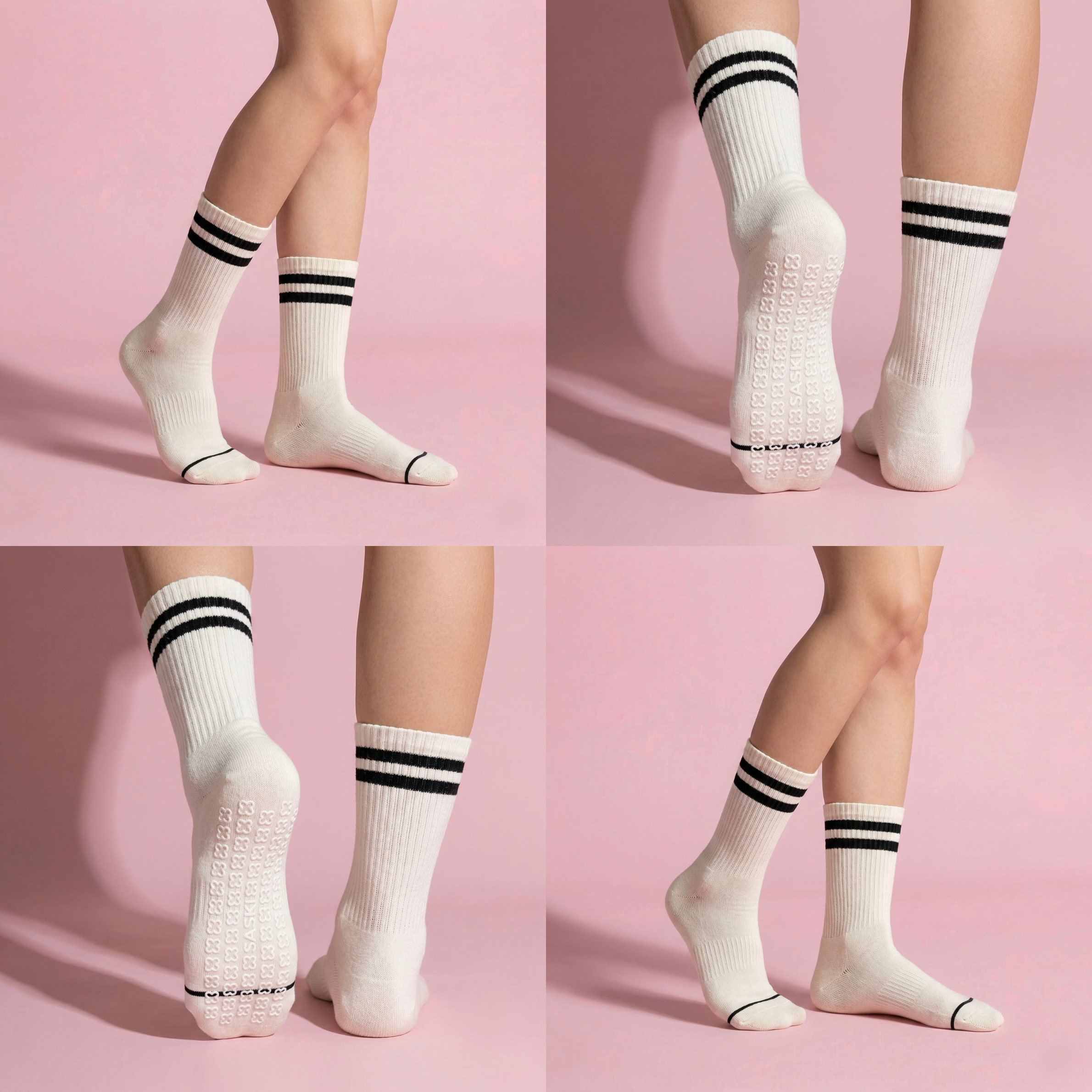 Anna-Kaci Women's 2-Pair Set Crew Athletic Socks with Striped Cuffs and Full Sole Grip for Yoga Fitness