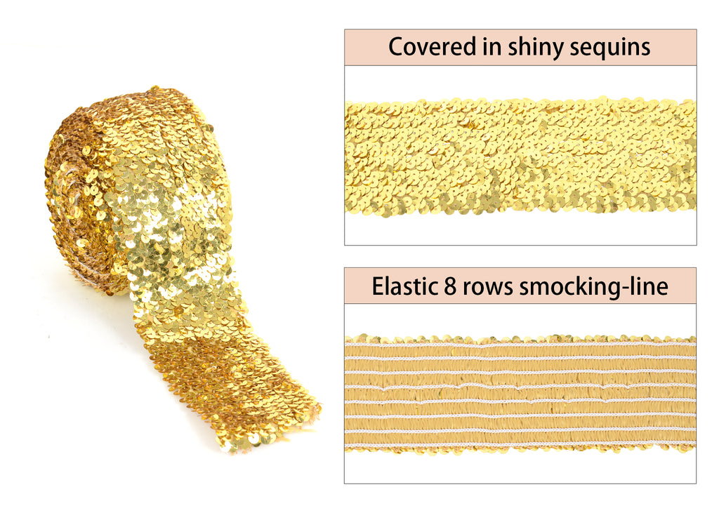 Alilang Elastic Sequin Trim, 3 Inch 8 Row Wide Flat Glitter Bling Fabric Paillette Sequin Ribbon, Metallic Sewing DIY Project, 5.5 Yards