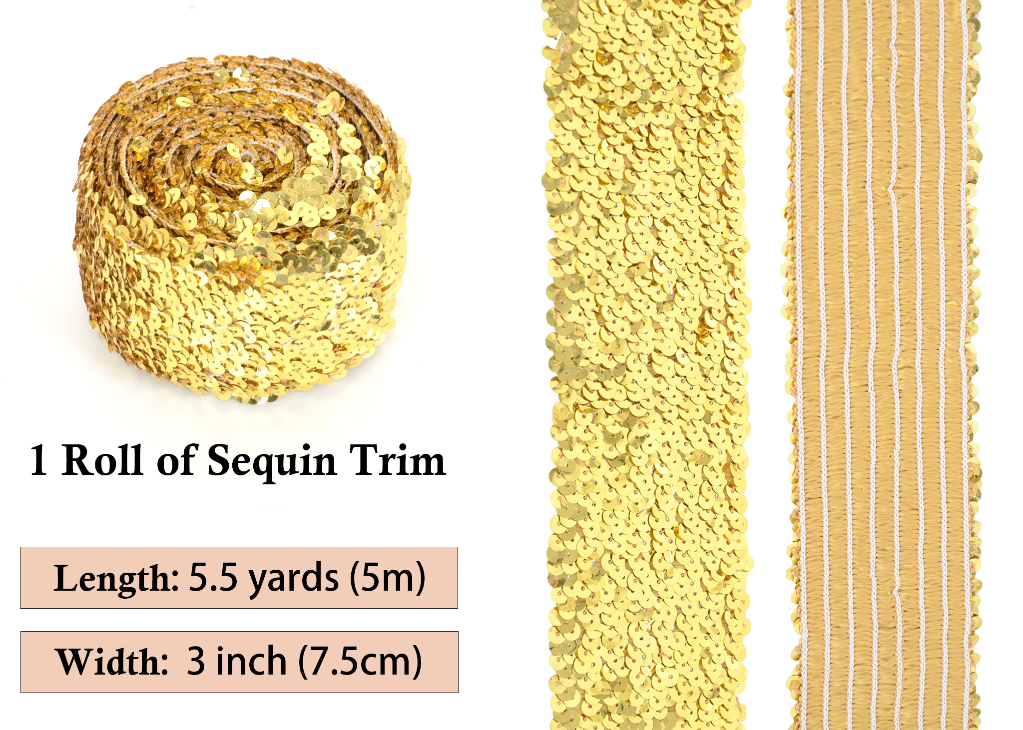 Alilang Elastic Sequin Trim, 3 Inch 8 Row Wide Flat Glitter Bling Fabric Paillette Sequin Ribbon, Metallic Sewing DIY Project, 5.5 Yards