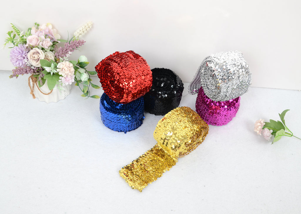Alilang Elastic Sequin Trim, 3 Inch 8 Row Wide Flat Glitter Bling Fabric Paillette Sequin Ribbon, Metallic Sewing DIY Project, 5.5 Yards