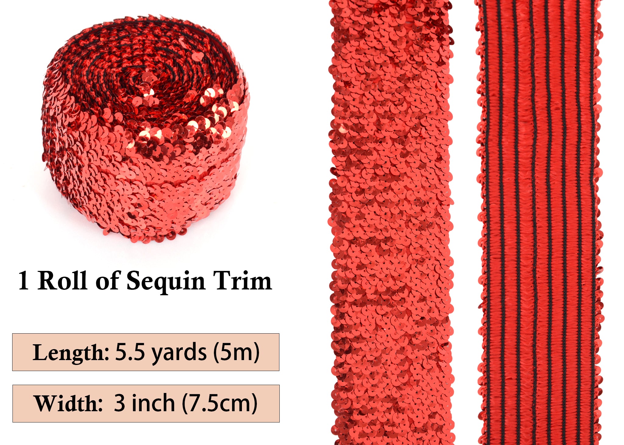 Alilang Elastic Sequin Trim, 3 Inch 8 Row Wide Flat Glitter Bling Fabric Paillette Sequin Ribbon, Metallic Sewing DIY Project, 5.5 Yards