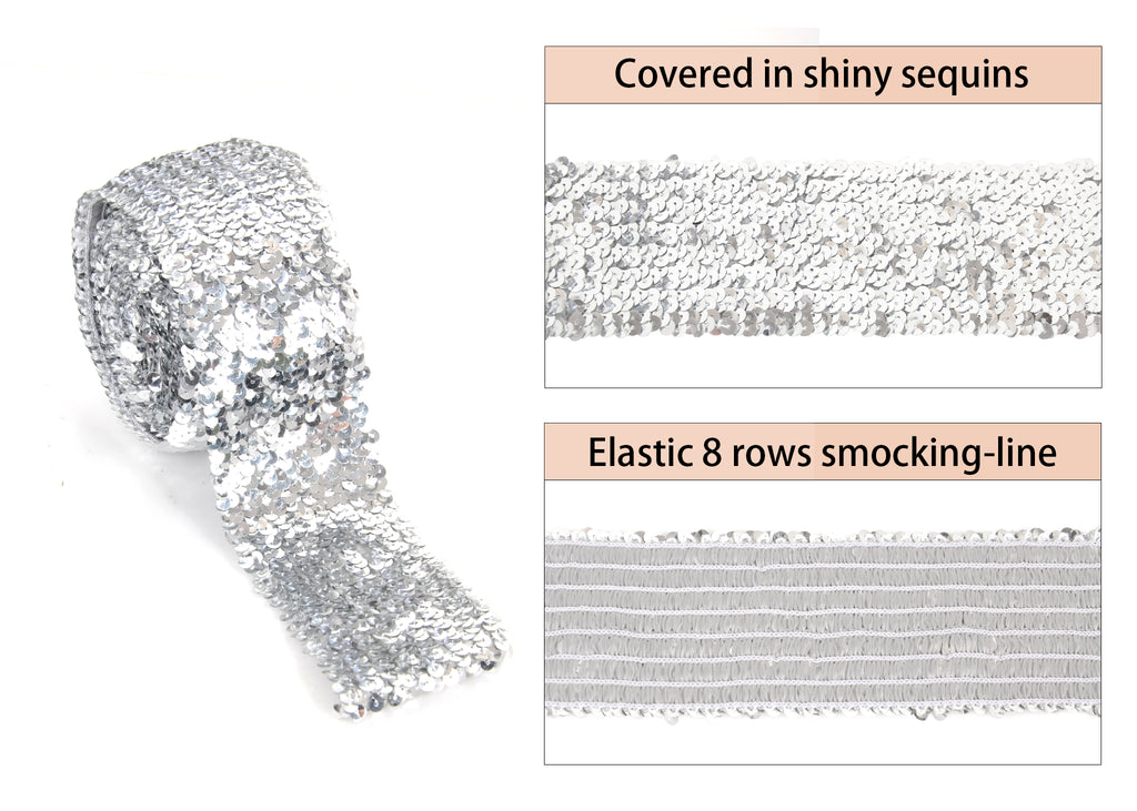 Alilang Elastic Sequin Trim, 3 Inch 8 Row Wide Flat Glitter Bling Fabric Paillette Sequin Ribbon, Metallic Sewing DIY Project, 5.5 Yards