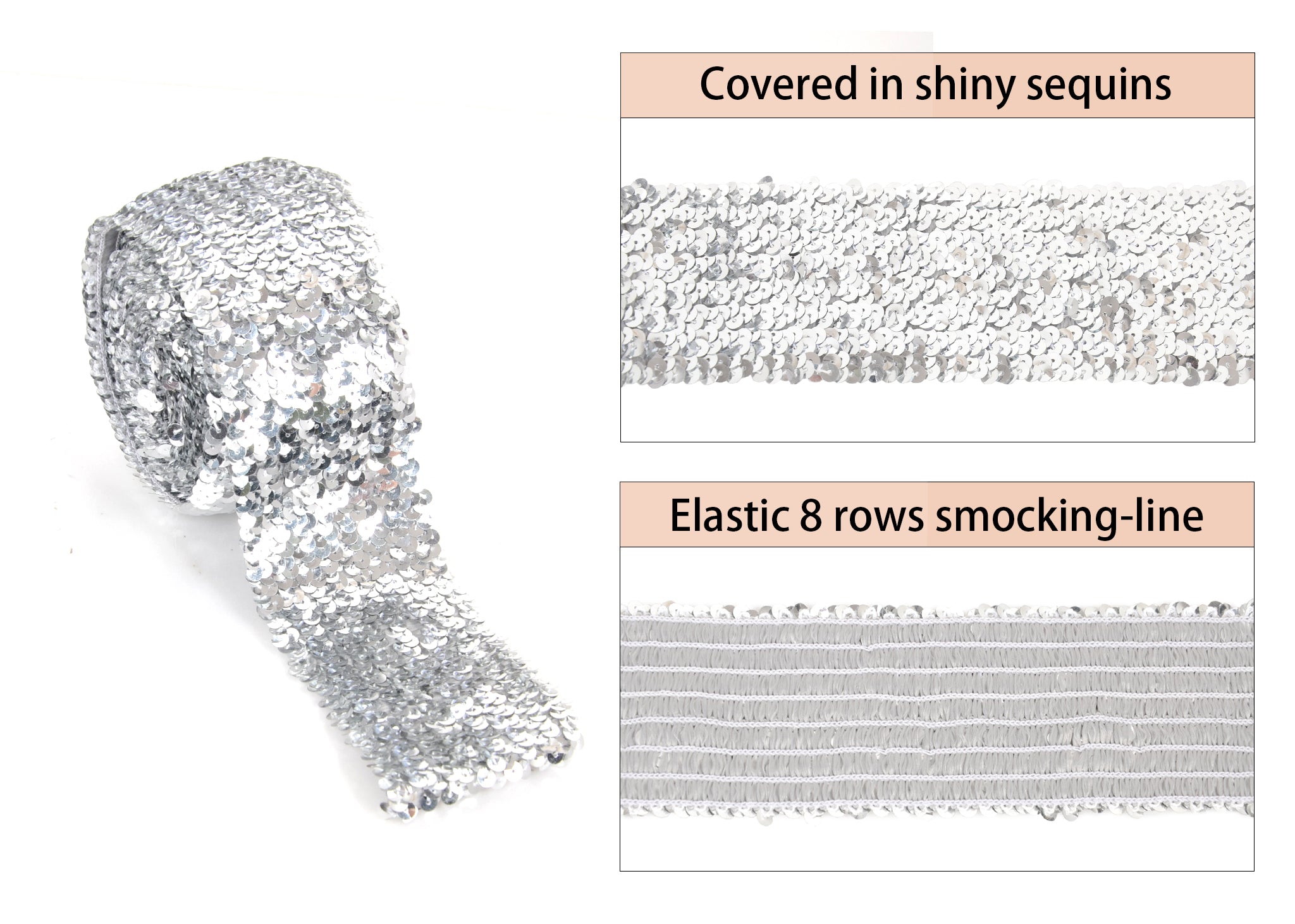 Alilang Elastic Sequin Trim, 3 Inch 8 Row Wide Flat Glitter Bling Fabric Paillette Sequin Ribbon, Metallic Sewing DIY Project, 5.5 Yards