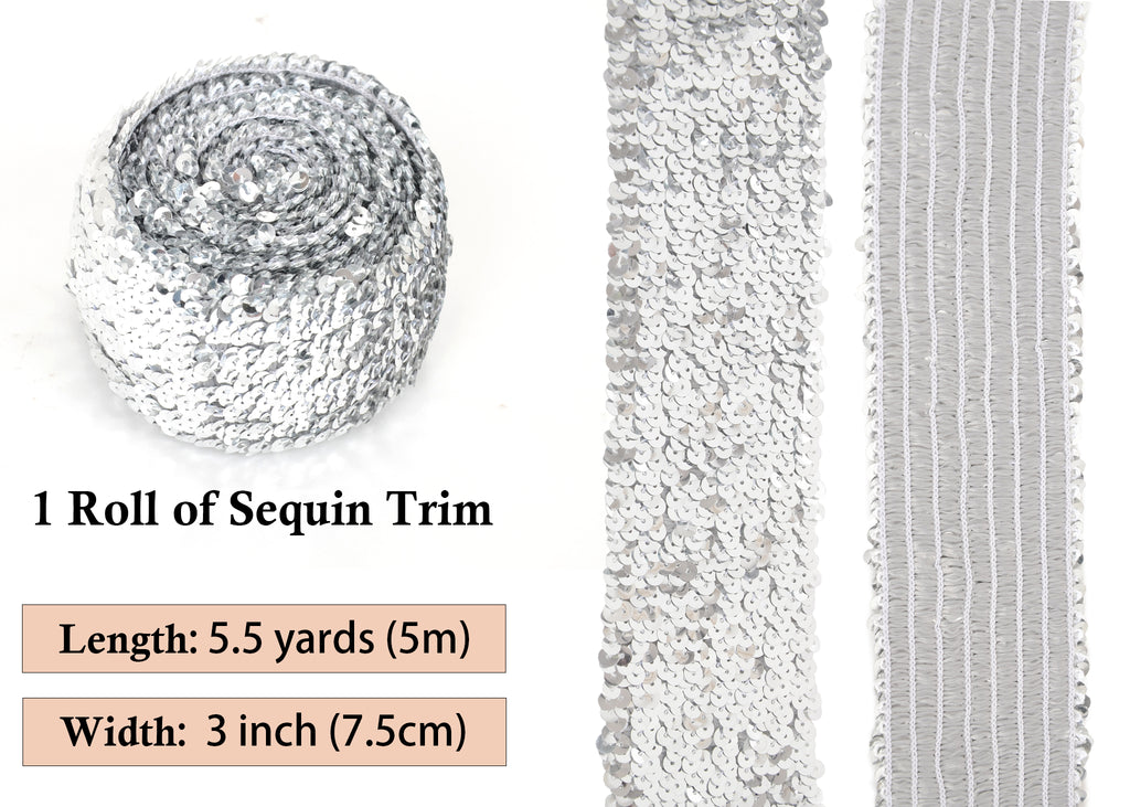 Alilang Elastic Sequin Trim, 3 Inch 8 Row Wide Flat Glitter Bling Fabric Paillette Sequin Ribbon, Metallic Sewing DIY Project, 5.5 Yards