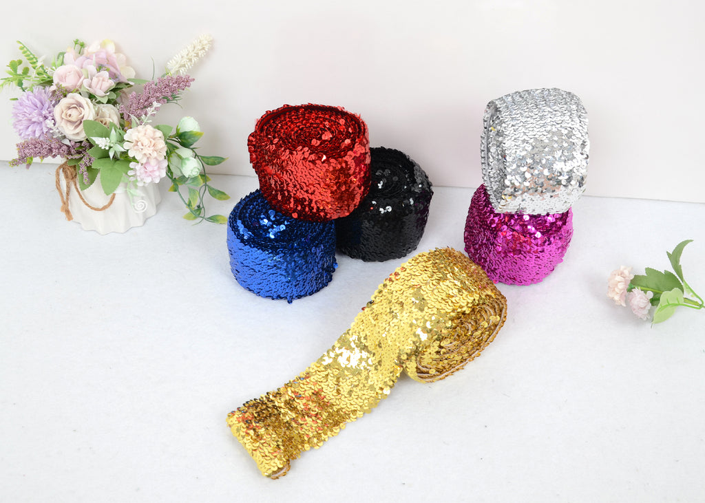 Alilang Elastic Sequin Trim, 3 Inch 8 Row Wide Flat Glitter Bling Fabric Paillette Sequin Ribbon, Metallic Sewing DIY Project, 5.5 Yards