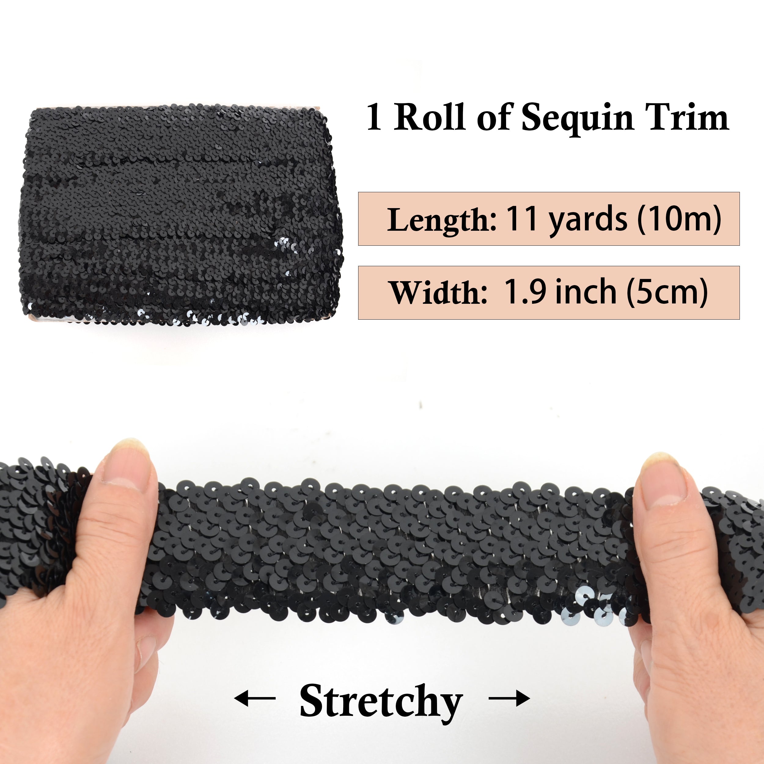 Alilang Elastic Sequin Trim, 1.9 Inch 5 Row Flat Glitter Paillette Sequin Ribbon, Bling Fabric DIY Metallic Stretch Sequin Strip, 11 Yards
