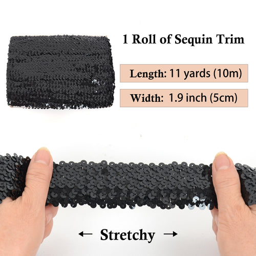Alilang Elastic Sequin Trim, 1.9 Inch 5 Row Flat Glitter Paillette Sequin Ribbon, Bling Fabric DIY Metallic Stretch Sequin Strip, 11 Yards
