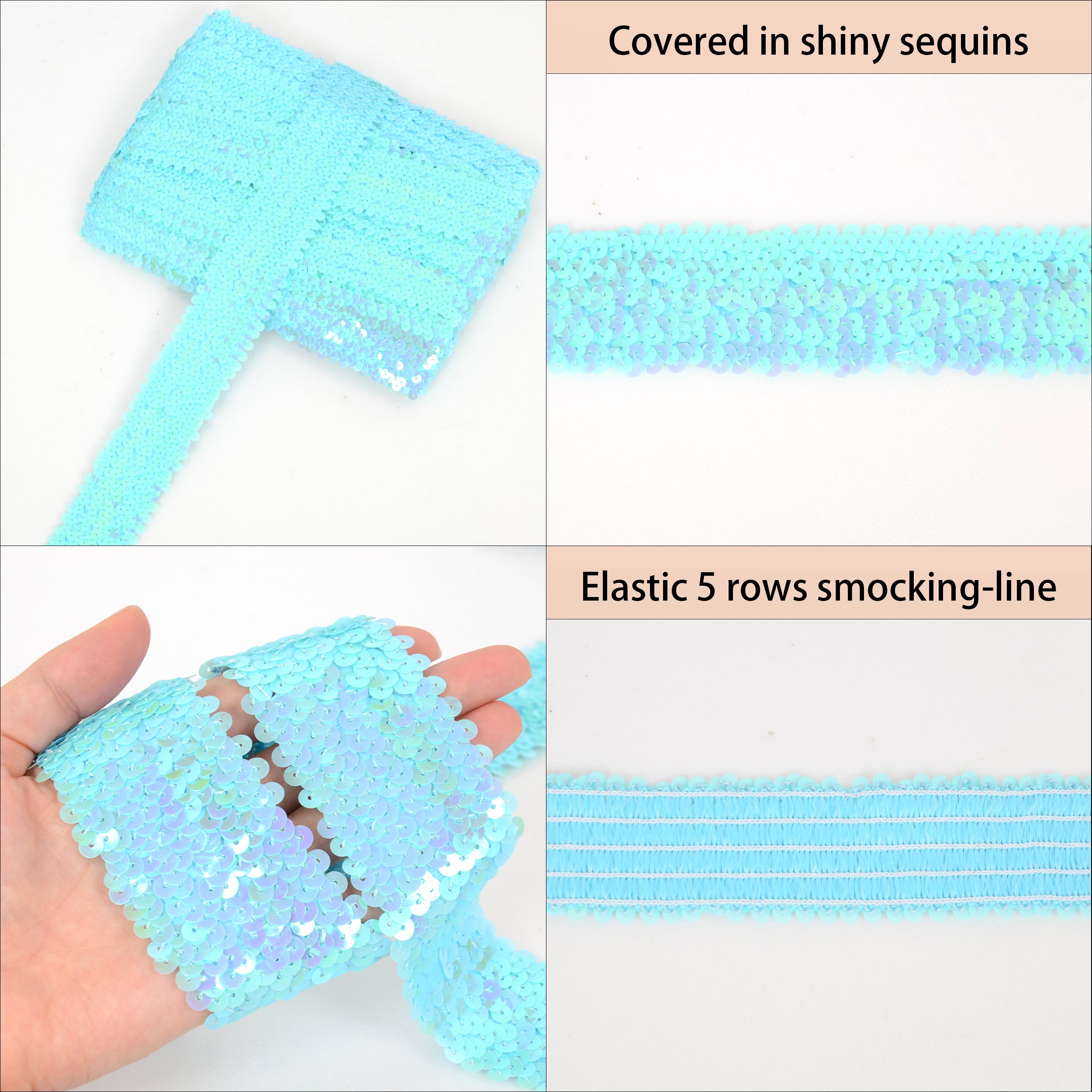Alilang Elastic Sequin Trim, 1.9 Inch 5 Row Flat Glitter Paillette Sequin Ribbon, Bling Fabric DIY Metallic Stretch Sequin Strip, 11 Yards