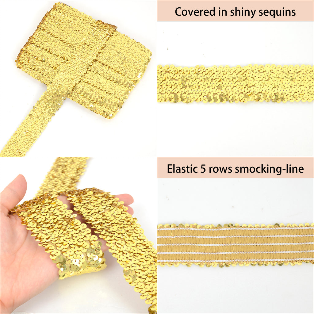 Alilang Elastic Sequin Trim, 1.9 Inch 5 Row Flat Glitter Paillette Sequin Ribbon, Bling Fabric DIY Metallic Stretch Sequin Strip, 11 Yards