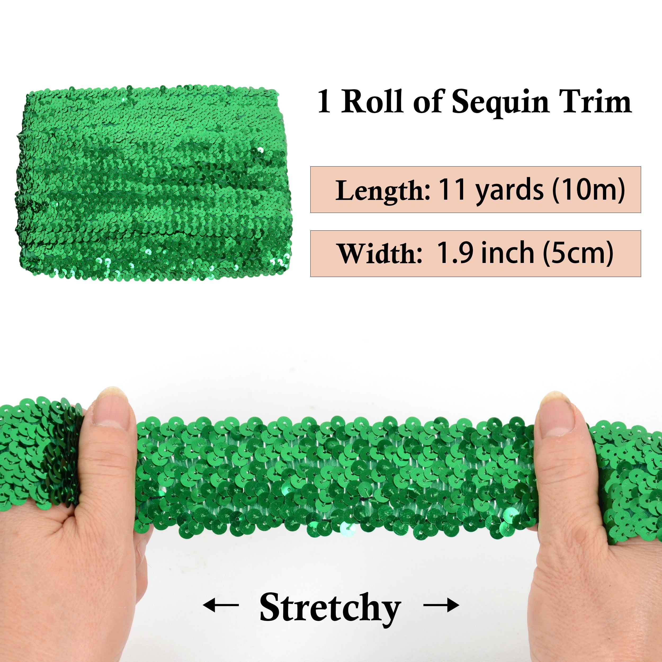 Alilang Elastic Sequin Trim, 1.9 Inch 5 Row Flat Glitter Paillette Sequin Ribbon, Bling Fabric DIY Metallic Stretch Sequin Strip, 11 Yards