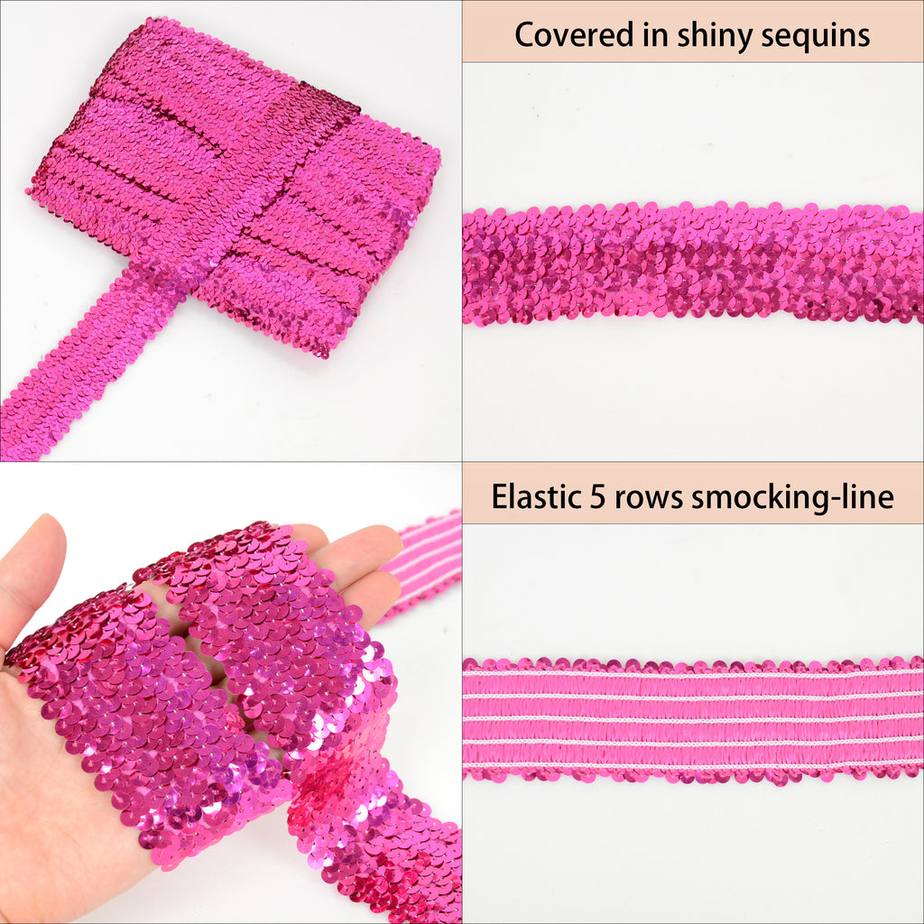 Alilang Elastic Sequin Trim, 1.9 Inch 5 Row Flat Glitter Paillette Sequin Ribbon, Bling Fabric DIY Metallic Stretch Sequin Strip, 11 Yards