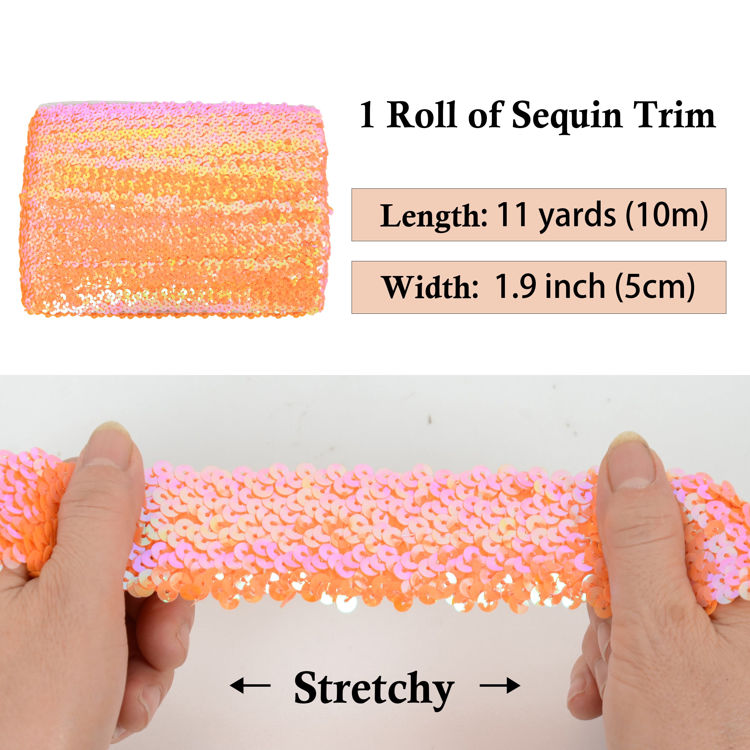Alilang Elastic Sequin Trim, 1.9 Inch 5 Row Flat Glitter Paillette Sequin Ribbon, Bling Fabric DIY Metallic Stretch Sequin Strip, 11 Yards