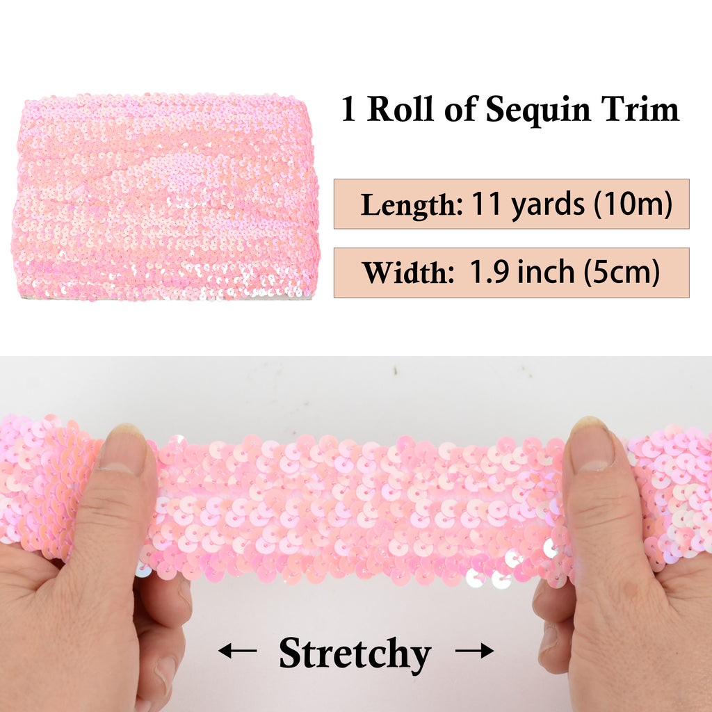 Alilang Elastic Sequin Trim, 1.9 Inch 5 Row Flat Glitter Paillette Sequin Ribbon, Bling Fabric DIY Metallic Stretch Sequin Strip, 11 Yards