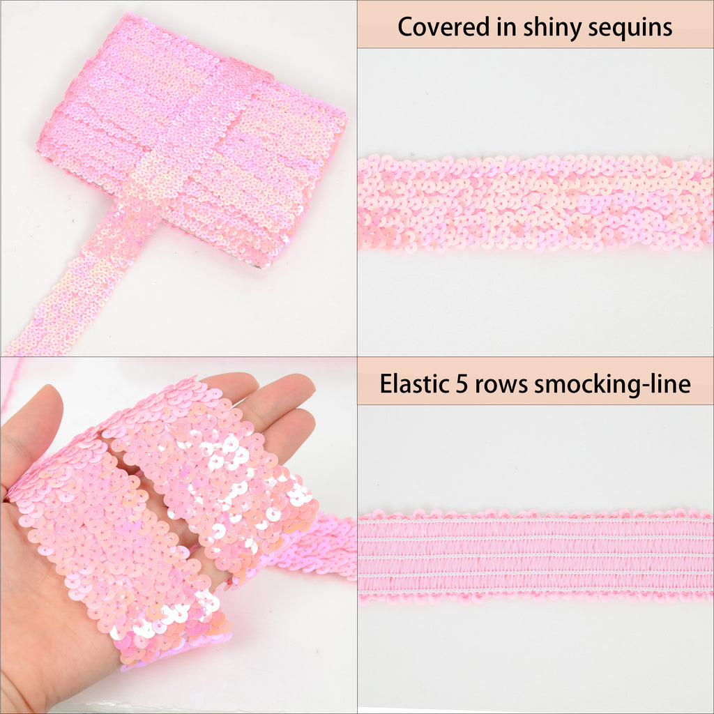 Alilang Elastic Sequin Trim, 1.9 Inch 5 Row Flat Glitter Paillette Sequin Ribbon, Bling Fabric DIY Metallic Stretch Sequin Strip, 11 Yards
