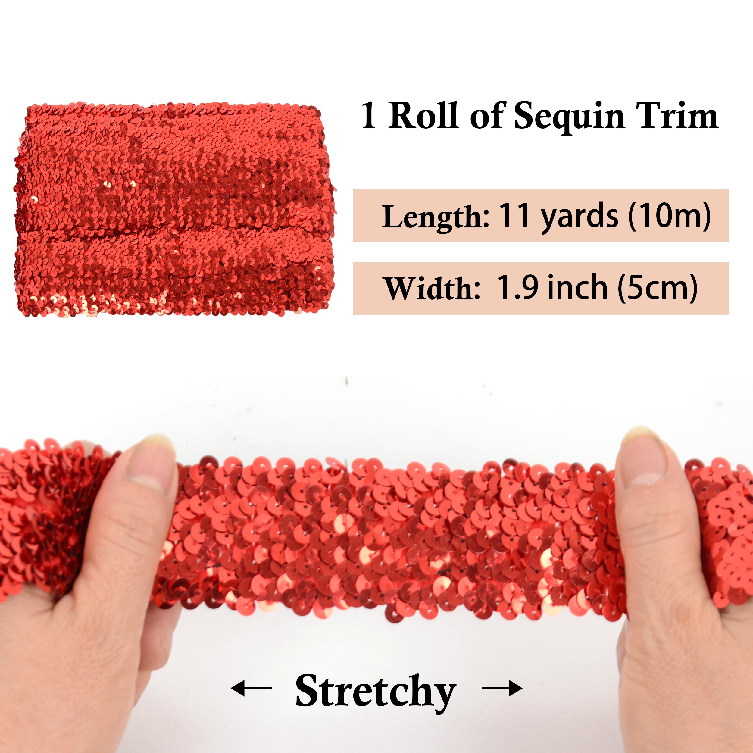 Alilang Elastic Sequin Trim, 1.9 Inch 5 Row Flat Glitter Paillette Sequin Ribbon, Bling Fabric DIY Metallic Stretch Sequin Strip, 11 Yards