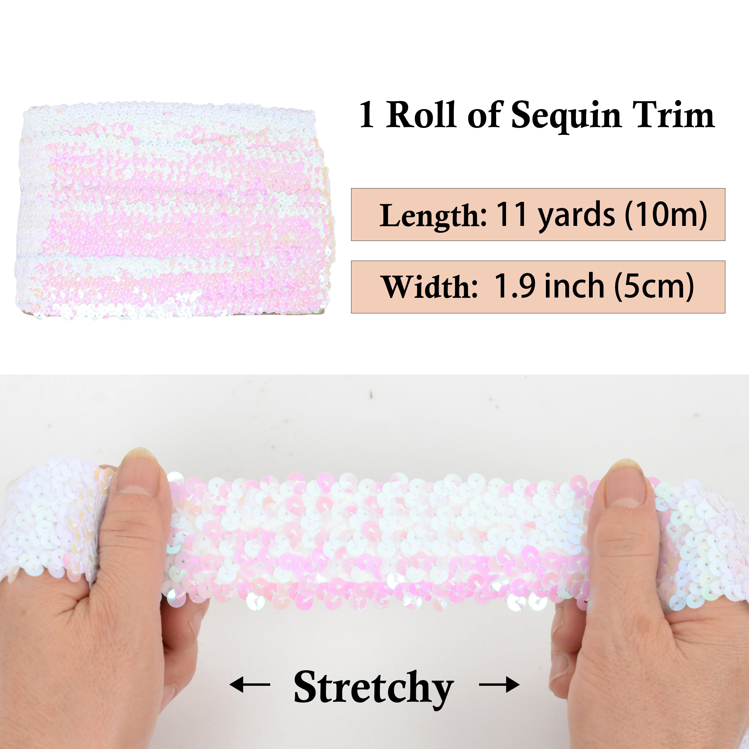 Alilang Elastic Sequin Trim, 1.9 Inch 5 Row Flat Glitter Paillette Sequin Ribbon, Bling Fabric DIY Metallic Stretch Sequin Strip, 11 Yards