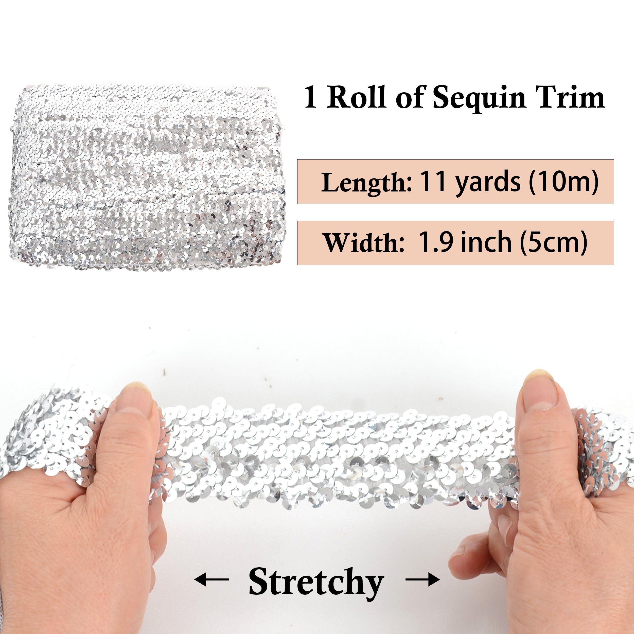 Alilang Elastic Sequin Trim, 1.9 Inch 5 Row Flat Glitter Paillette Sequin Ribbon, Bling Fabric DIY Metallic Stretch Sequin Strip, 11 Yards