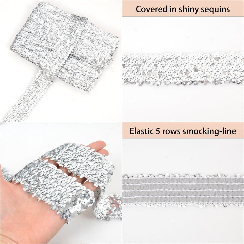 Alilang Elastic Sequin Trim, 1.9 Inch 5 Row Flat Glitter Paillette Sequin Ribbon, Bling Fabric DIY Metallic Stretch Sequin Strip, 11 Yards