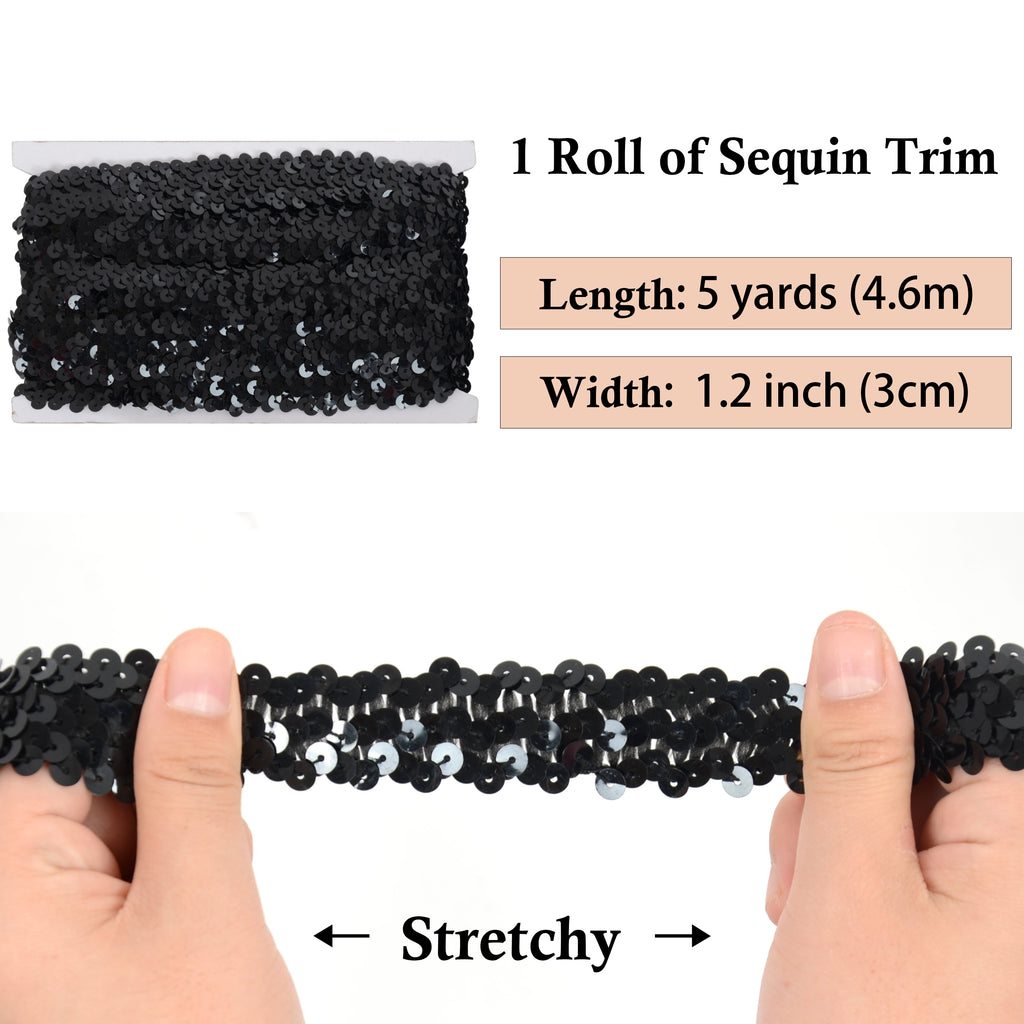 Alilang Elastic Sequin Trim, 1.2 Inch 3 Row Flat Glitter Paillette Sequin Ribbon, Metallic Stretch Sequin Strip Sewing DIY Craft, 5 Yards