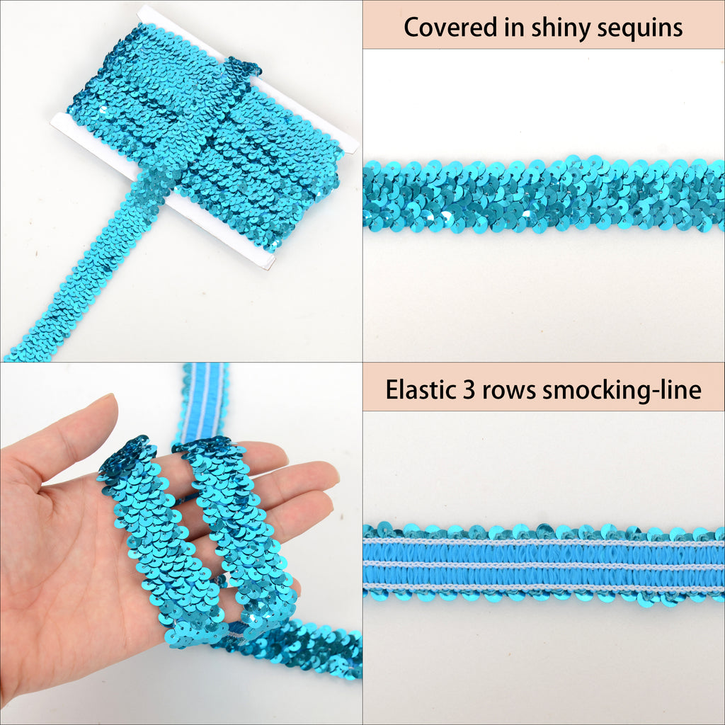 Alilang Elastic Sequin Trim, 1.2 Inch 3 Row Flat Glitter Paillette Sequin Ribbon, Metallic Stretch Sequin Strip Sewing DIY Craft, 5 Yards