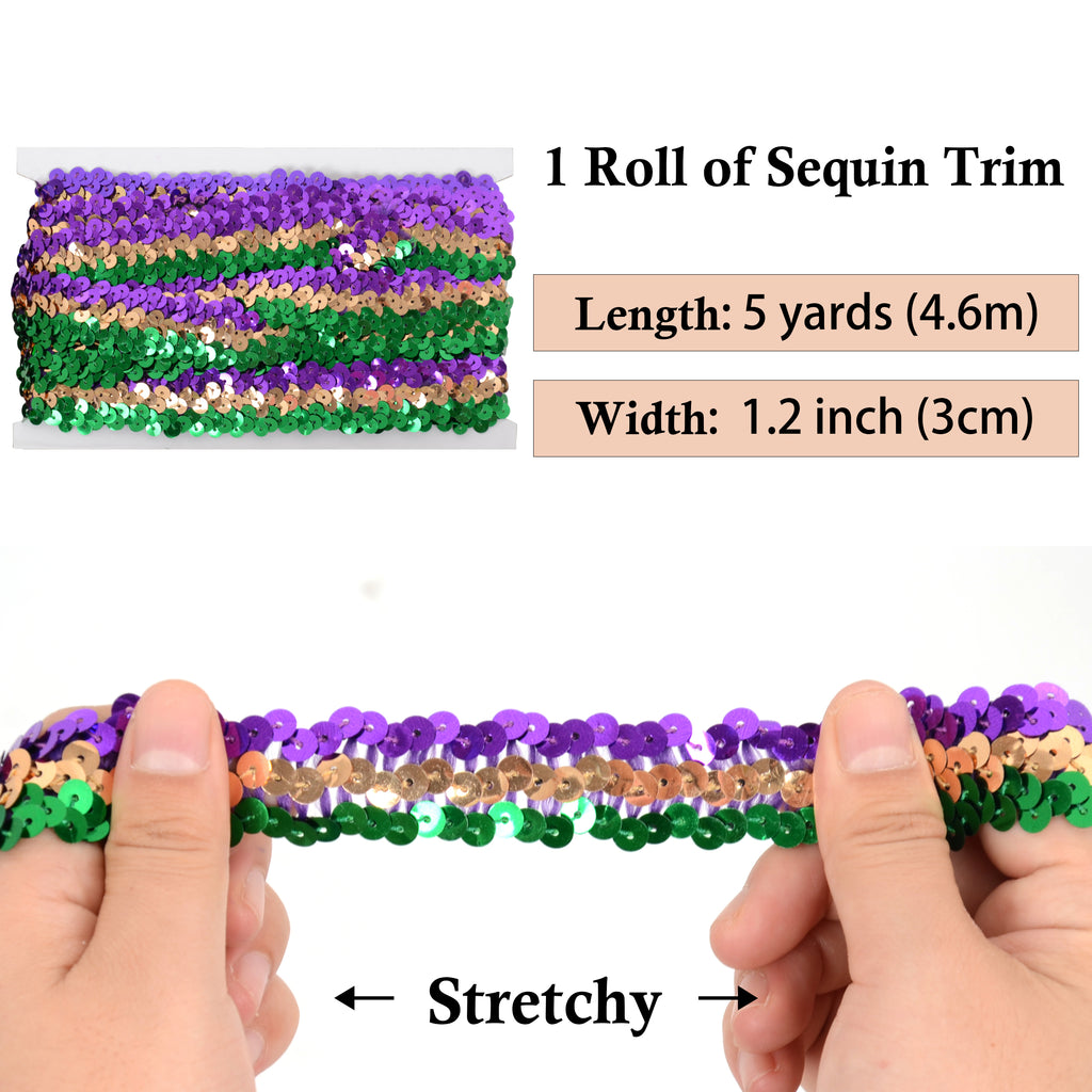 Alilang Elastic Sequin Trim, 1.2 Inch 3 Row Flat Glitter Paillette Sequin Ribbon, Metallic Stretch Sequin Strip Sewing DIY Craft, 5 Yards