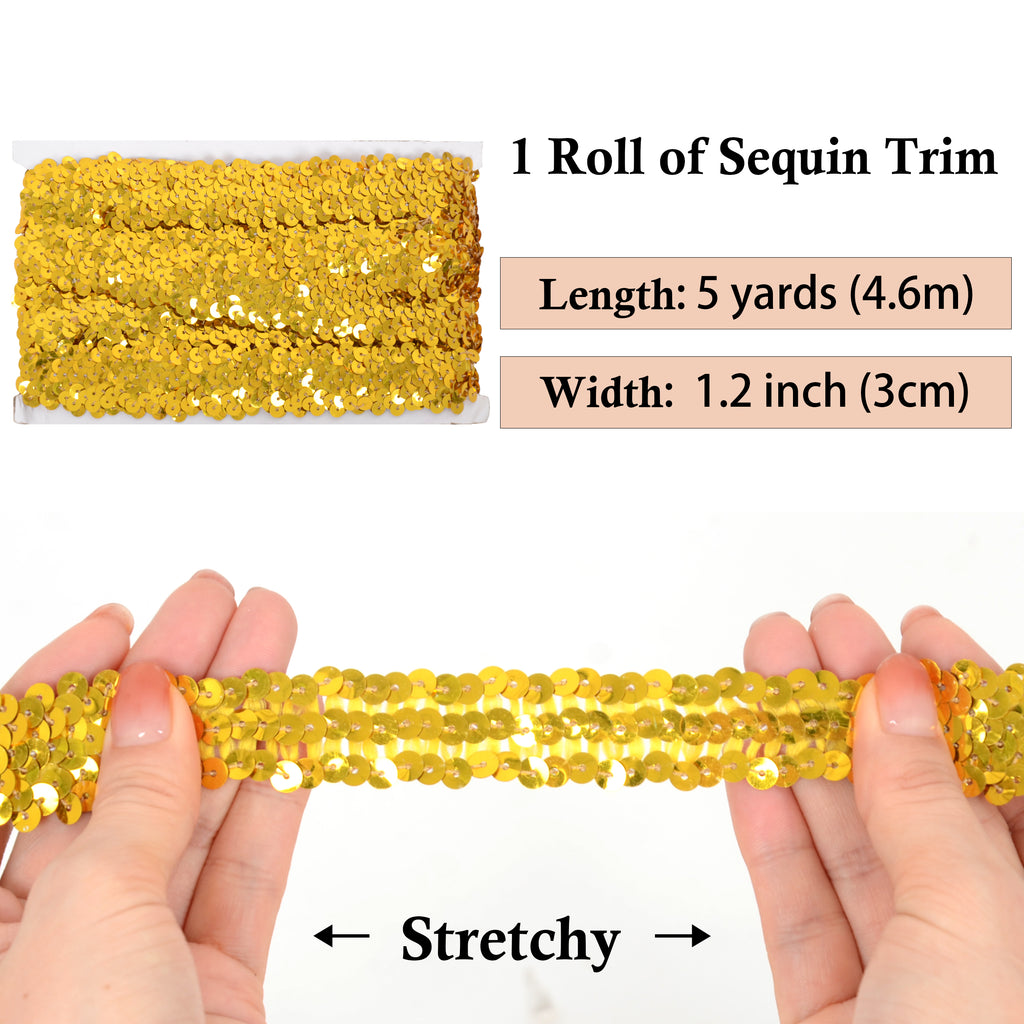 Alilang Elastic Sequin Trim, 1.2 Inch 3 Row Flat Glitter Paillette Sequin Ribbon, Metallic Stretch Sequin Strip Sewing DIY Craft, 5 Yards