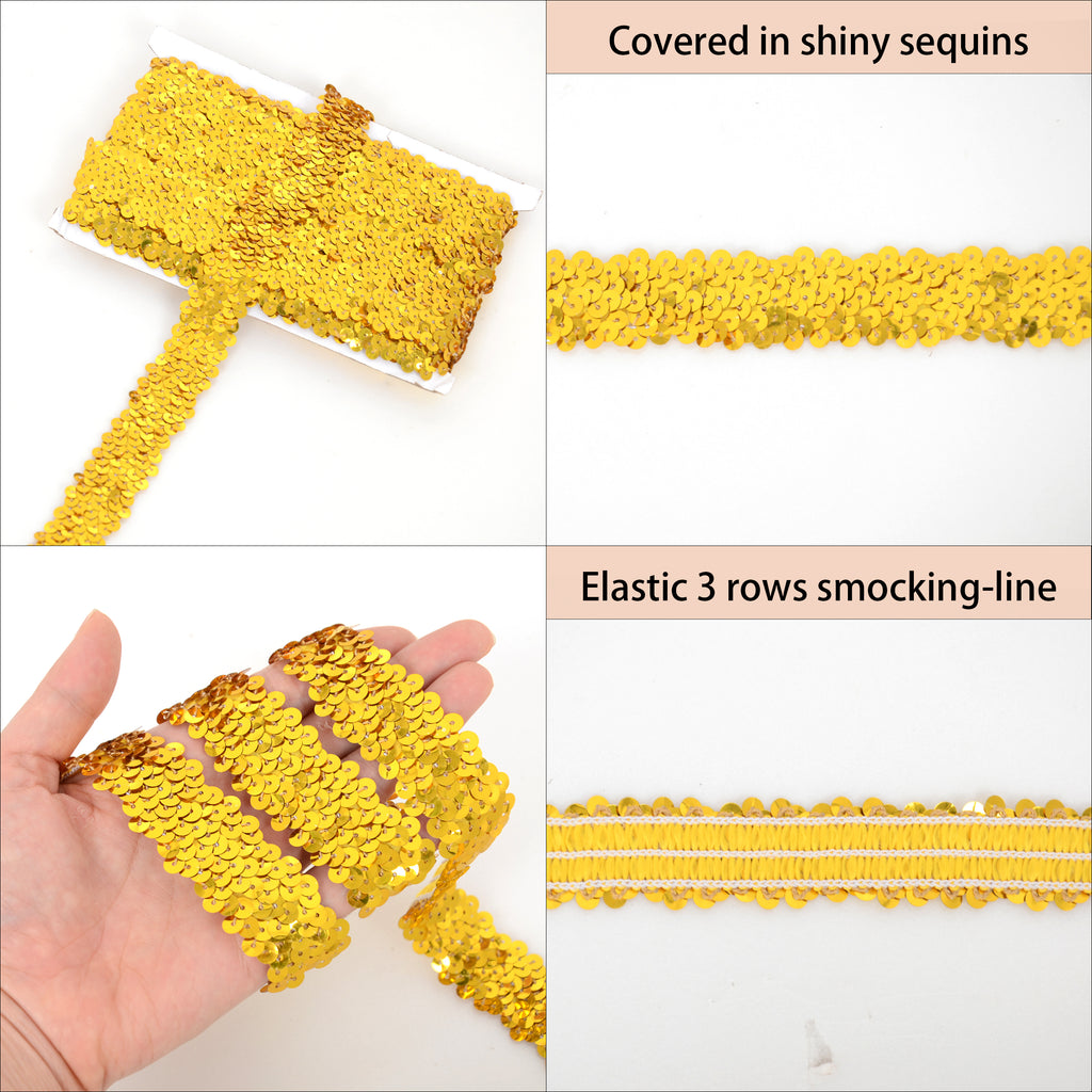 Alilang Elastic Sequin Trim, 1.2 Inch 3 Row Flat Glitter Paillette Sequin Ribbon, Metallic Stretch Sequin Strip Sewing DIY Craft, 5 Yards