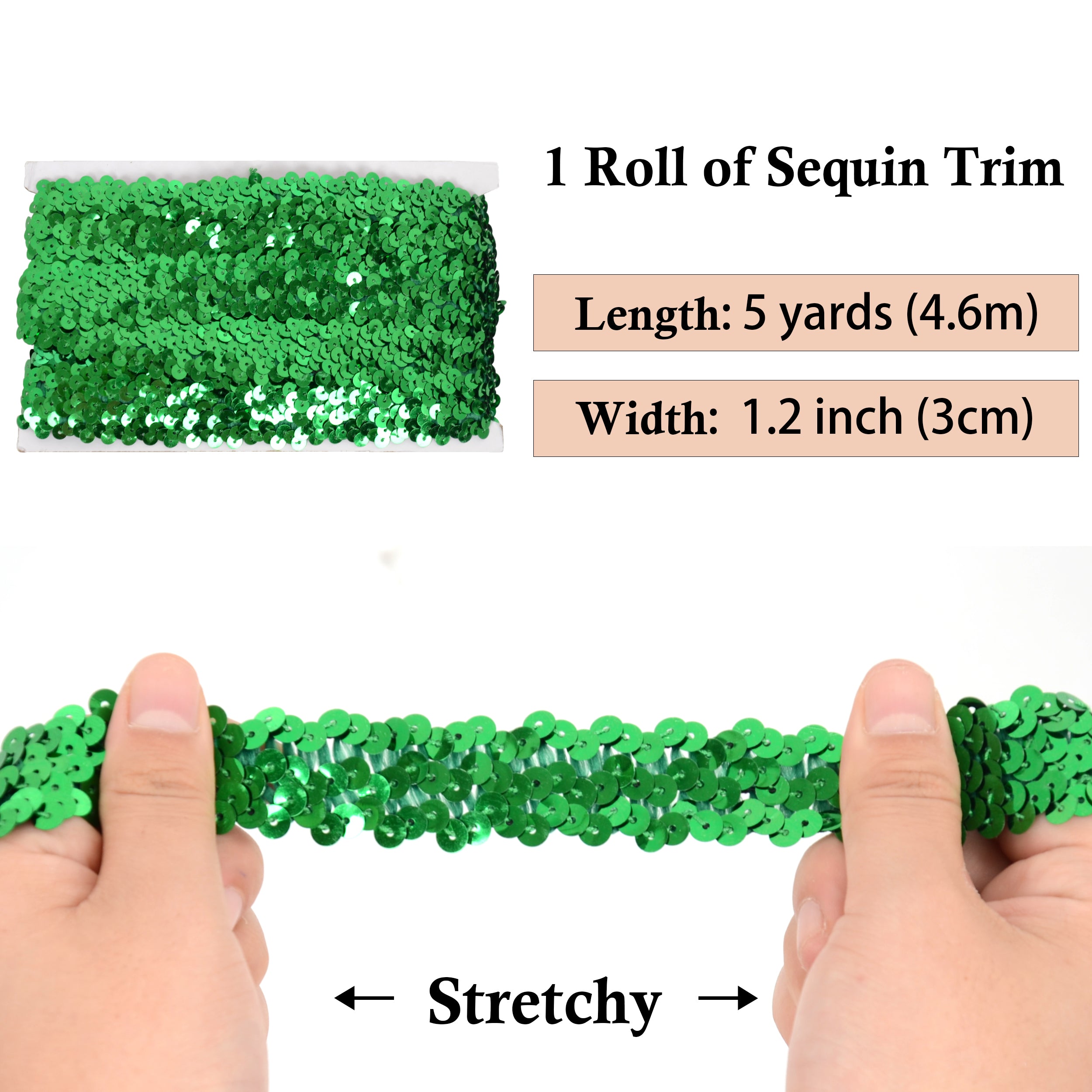 Alilang Elastic Sequin Trim, 1.2 Inch 3 Row Flat Glitter Paillette Sequin Ribbon, Metallic Stretch Sequin Strip Sewing DIY Craft, 5 Yards
