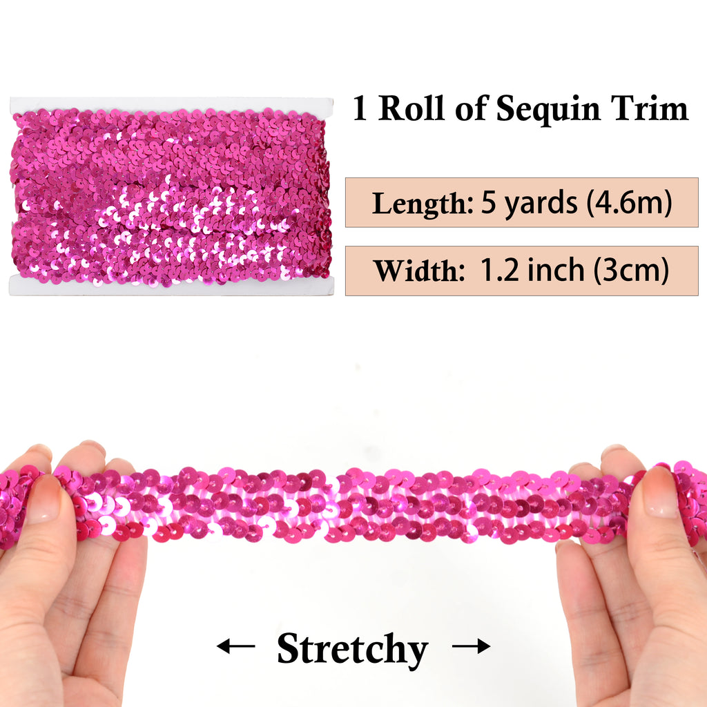 Alilang Elastic Sequin Trim, 1.2 Inch 3 Row Flat Glitter Paillette Sequin Ribbon, Metallic Stretch Sequin Strip Sewing DIY Craft, 5 Yards