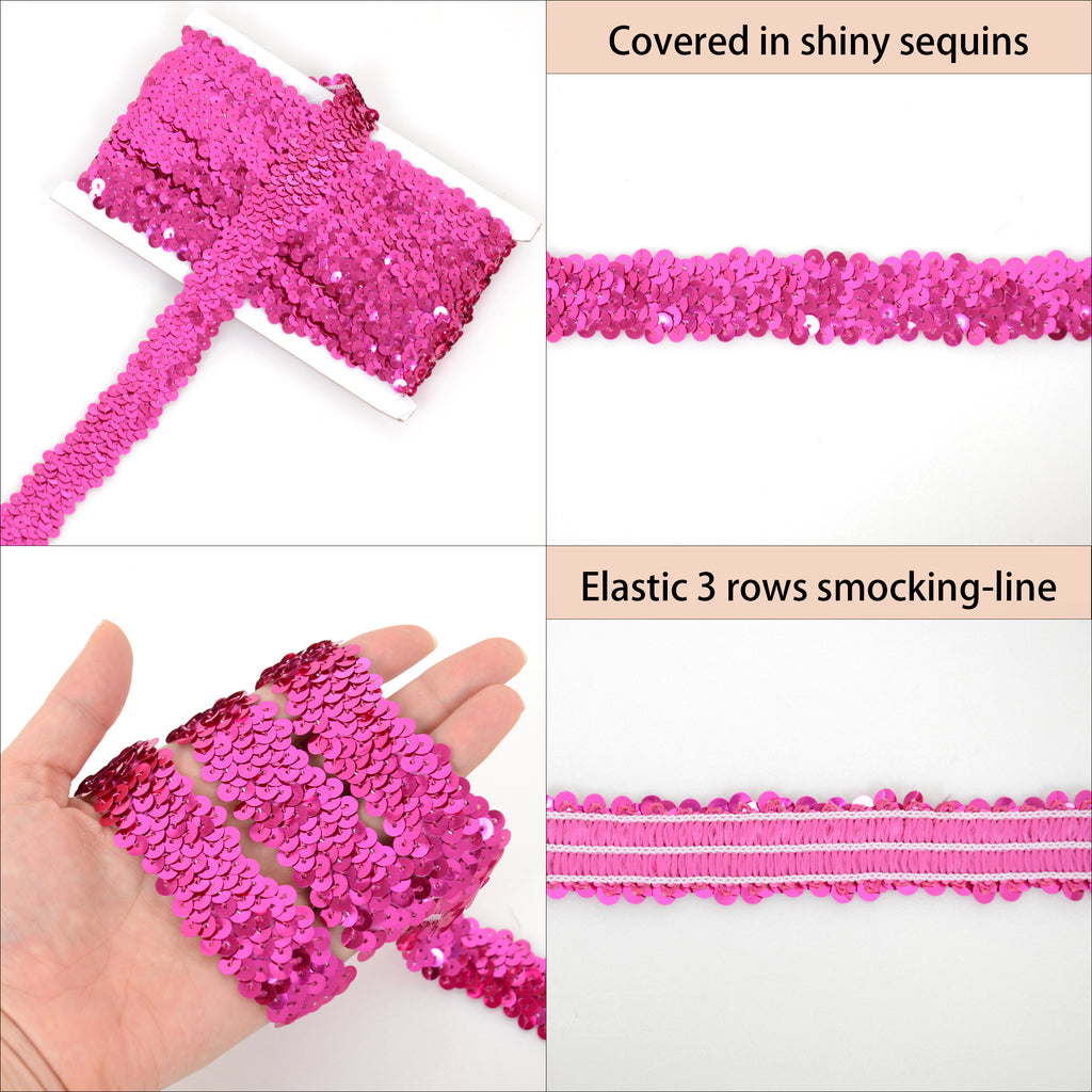 Alilang Elastic Sequin Trim, 1.2 Inch 3 Row Flat Glitter Paillette Sequin Ribbon, Metallic Stretch Sequin Strip Sewing DIY Craft, 5 Yards