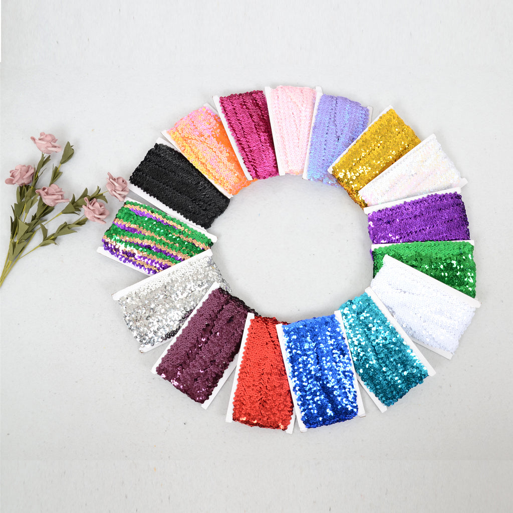 Alilang Elastic Sequin Trim, 1.2 Inch 3 Row Flat Glitter Paillette Sequin Ribbon, Metallic Stretch Sequin Strip Sewing DIY Craft, 5 Yards