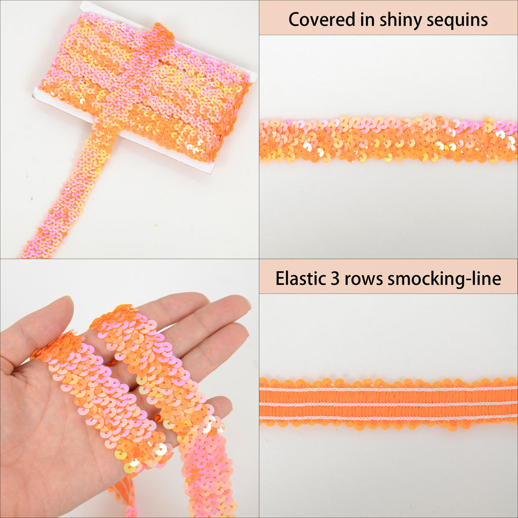Alilang Elastic Sequin Trim, 1.2 Inch 3 Row Flat Glitter Paillette Sequin Ribbon, Metallic Stretch Sequin Strip Sewing DIY Craft, 5 Yards