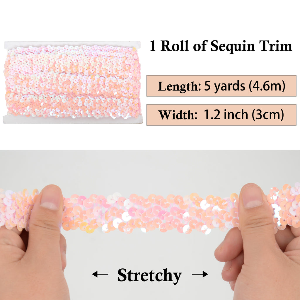 Alilang Elastic Sequin Trim, 1.2 Inch 3 Row Flat Glitter Paillette Sequin Ribbon, Metallic Stretch Sequin Strip Sewing DIY Craft, 5 Yards