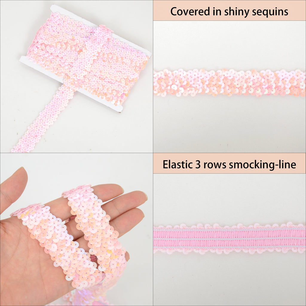 Alilang Elastic Sequin Trim, 1.2 Inch 3 Row Flat Glitter Paillette Sequin Ribbon, Metallic Stretch Sequin Strip Sewing DIY Craft, 5 Yards