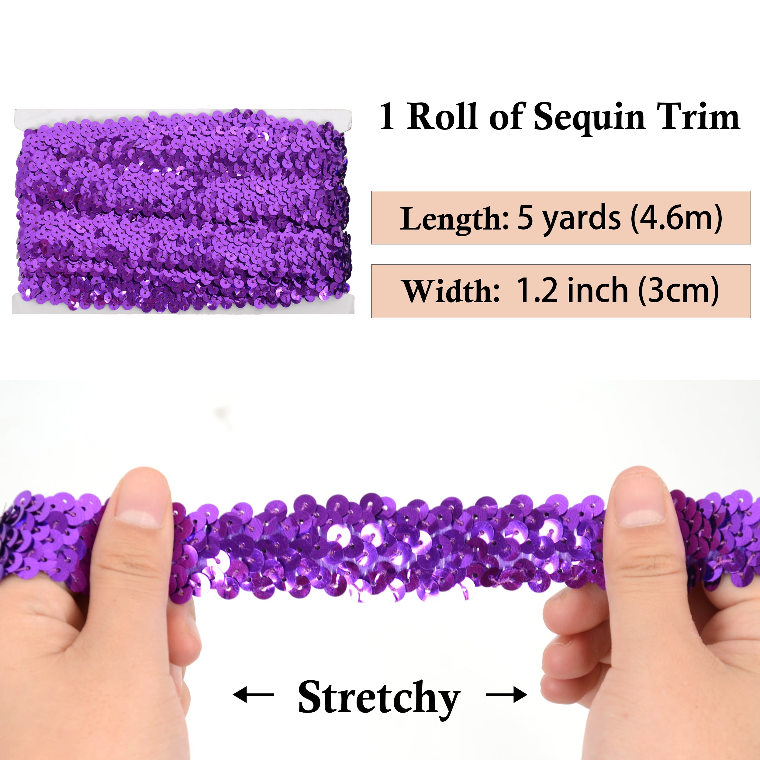 Alilang Elastic Sequin Trim, 1.2 Inch 3 Row Flat Glitter Paillette Sequin Ribbon, Metallic Stretch Sequin Strip Sewing DIY Craft, 5 Yards
