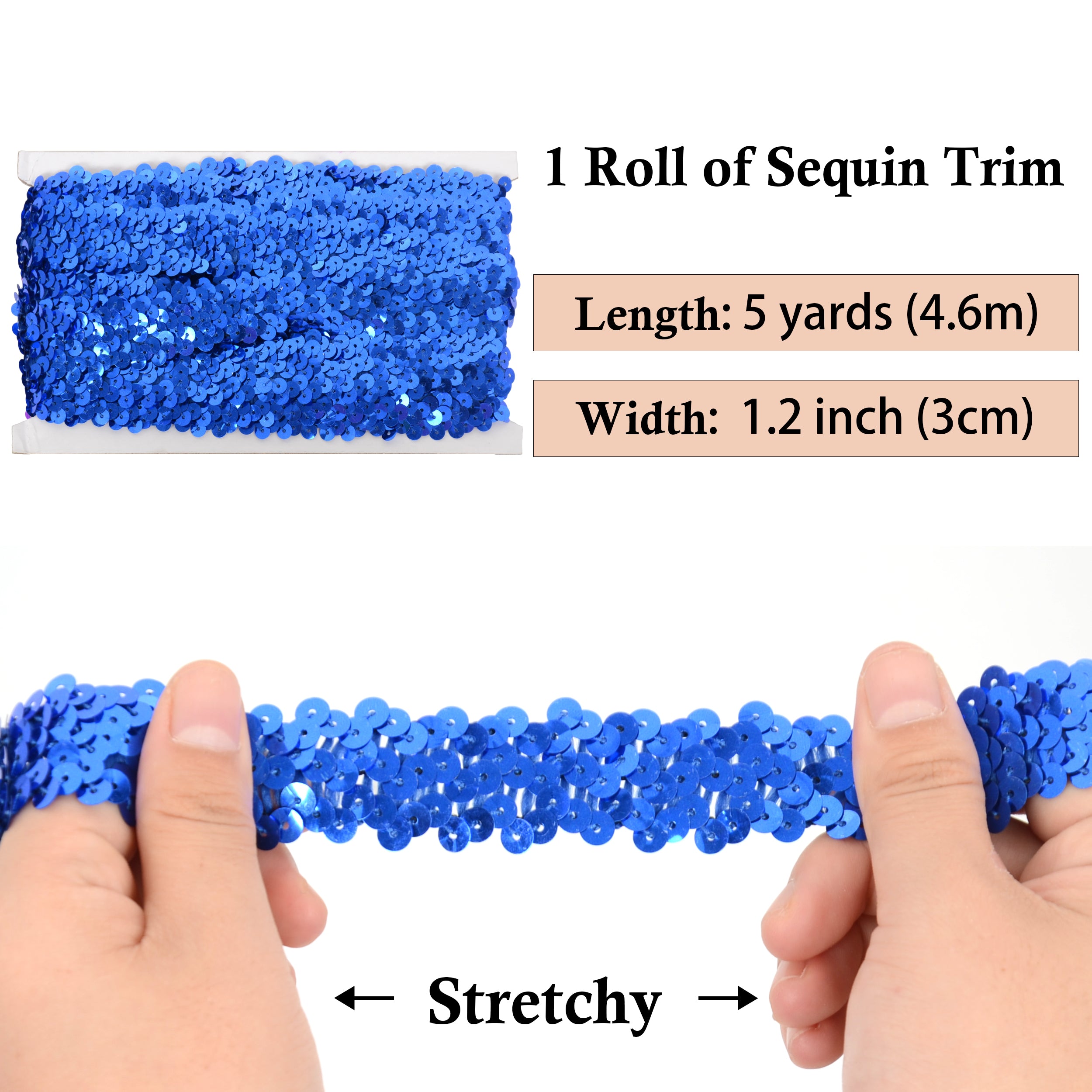 Alilang Elastic Sequin Trim, 1.2 Inch 3 Row Flat Glitter Paillette Sequin Ribbon, Metallic Stretch Sequin Strip Sewing DIY Craft, 5 Yards