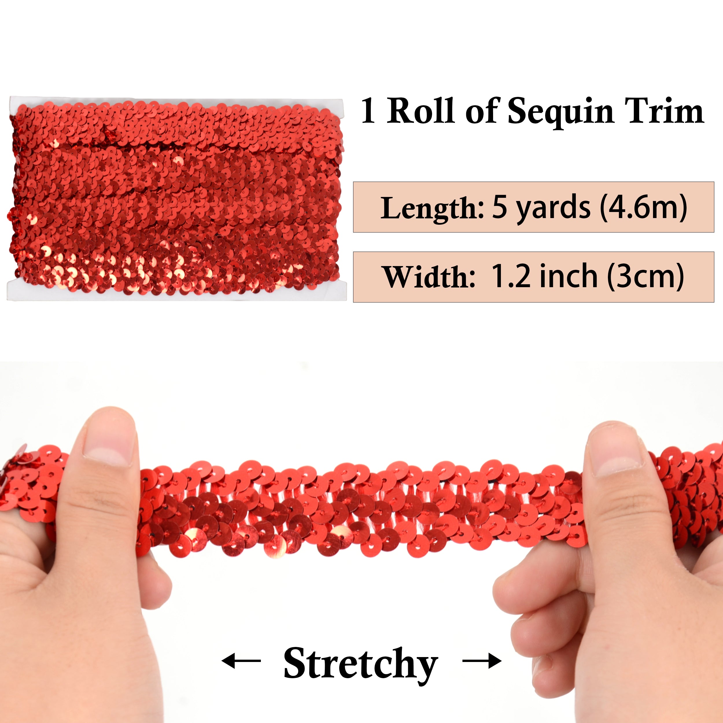 Alilang Elastic Sequin Trim, 1.2 Inch 3 Row Flat Glitter Paillette Sequin Ribbon, Metallic Stretch Sequin Strip Sewing DIY Craft, 5 Yards