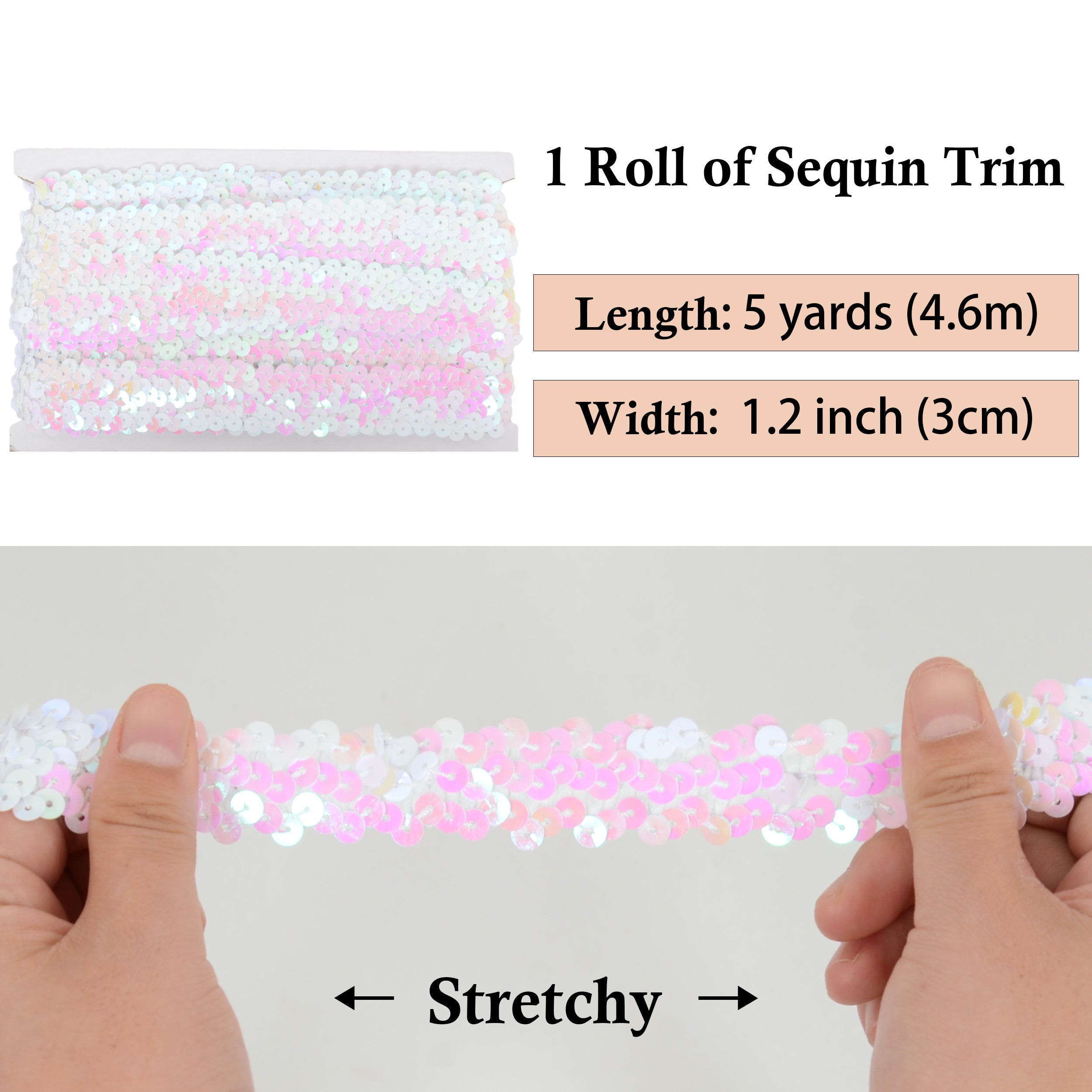 Alilang Elastic Sequin Trim, 1.2 Inch 3 Row Flat Glitter Paillette Sequin Ribbon, Metallic Stretch Sequin Strip Sewing DIY Craft, 5 Yards