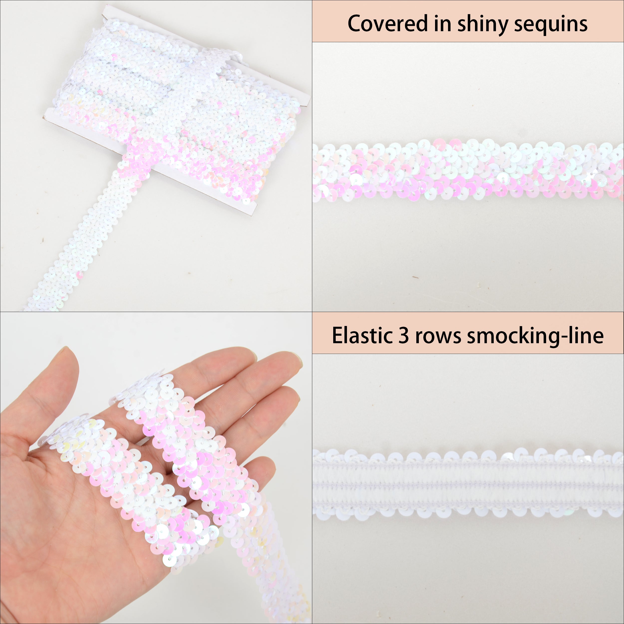 Alilang Elastic Sequin Trim, 1.2 Inch 3 Row Flat Glitter Paillette Sequin Ribbon, Metallic Stretch Sequin Strip Sewing DIY Craft, 5 Yards